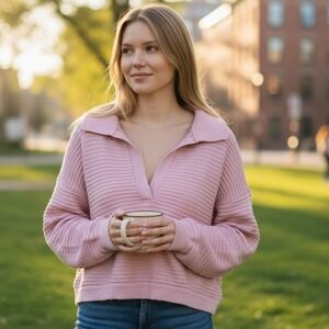 FP Beach Sweater Women‎ Small Pink Ribbed Collared Pullover Cotton Blend Cropped